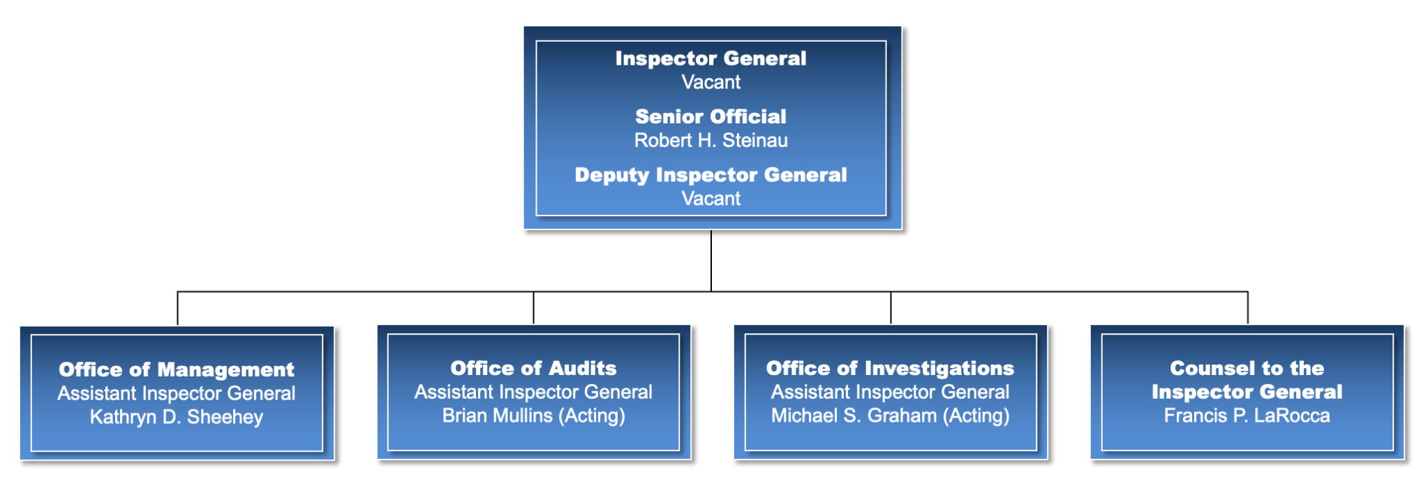 Organizational chart showing: Inspector General: Vacant. Senior Official: Robert H. Steinau. Deputy Inspector General: Vacant. Office of Management Assistant Inspector General: Kathryn D. Sheehey. Office of Audits Assistant Inspector General: Brian Mullins (Acting). Office of Investigations Assistant Inspector General: Michael S. Graham (Acting). Counsel to the Inspector General: Francis P. LaRocca.
