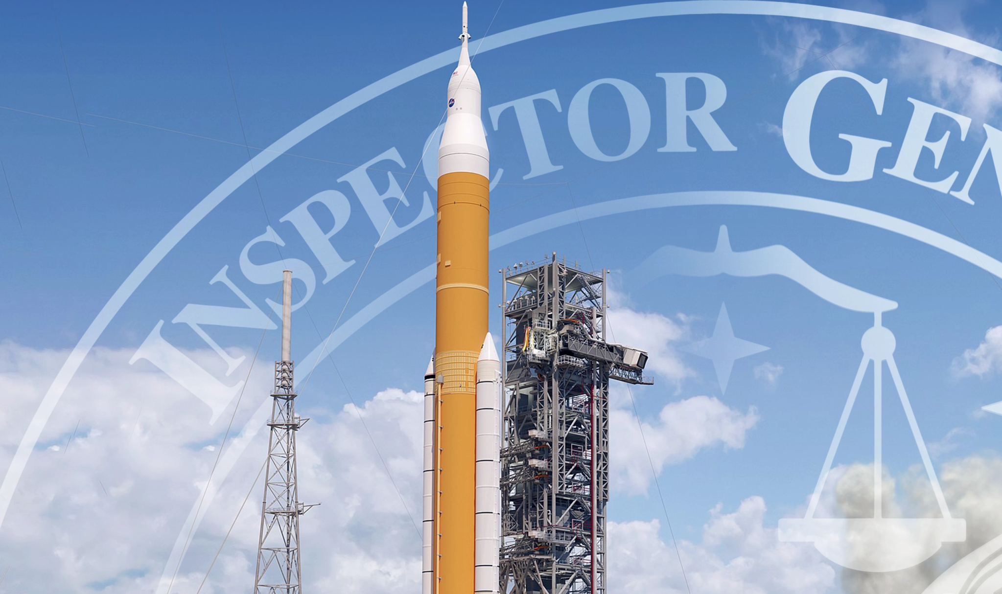 The Space Launch System Block 1B rocket with the OIG SEAL behind it