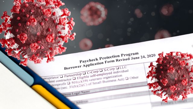 A Paycheck Protection Program application form with illustrations of COVID-19 particles floating around.