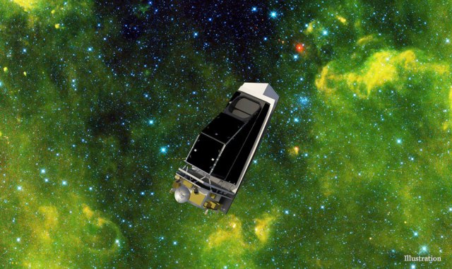 The NEO Surveyor space telescope floating in a field of stars.