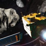 Illustration showing NASA's Double Asteroid Redirection Test (DART) spacecraft heading toward two asteroids with the Moon in the distance.