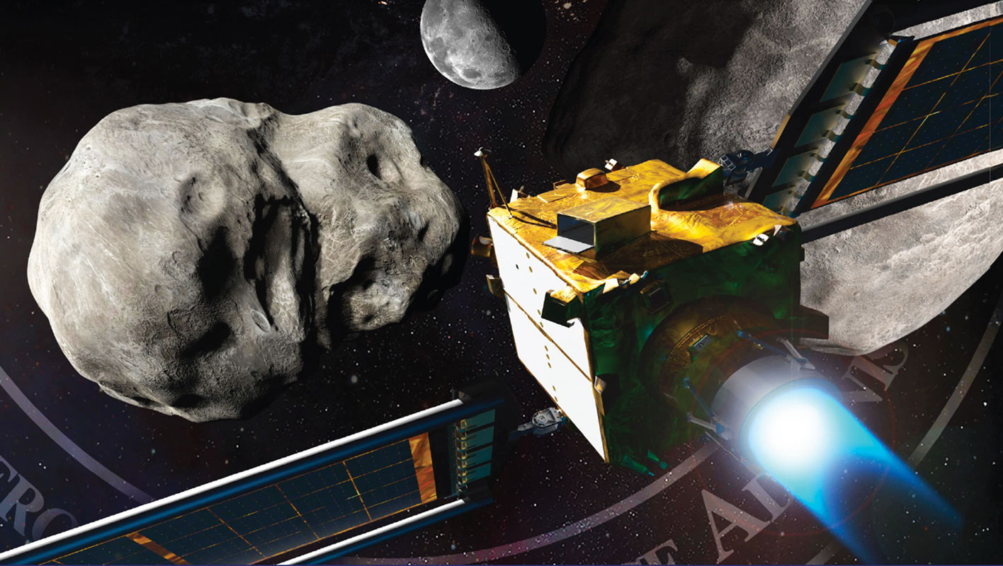 Illustration showing NASA's Double Asteroid Redirection Test (DART) spacecraft heading toward two asteroids with the Moon in the distance.