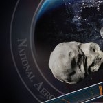 Illustration showing NASA's Double Asteroid Redirection Test (DART) spacecraft heading toward two asteroids with the Moon and Earth in the distance.