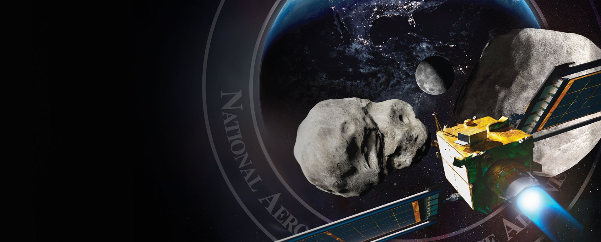 Illustration showing NASA's Double Asteroid Redirection Test (DART) spacecraft heading toward two asteroids with the Moon and Earth in the distance.