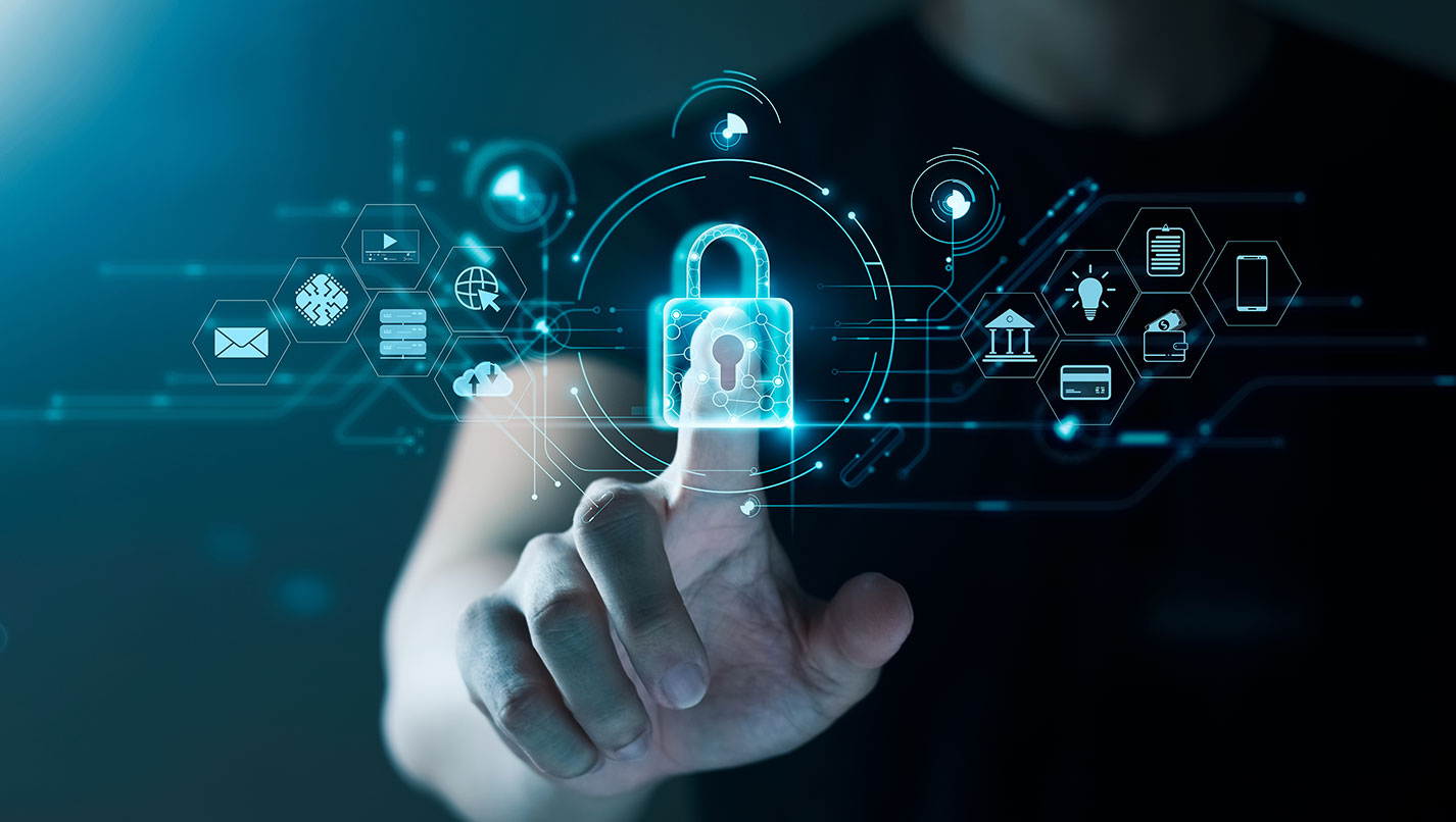 Illustration of a person's hand touching a cybersecurity lock surrounded by other cybersecurity icons (mobile phone, email, credit card, computer chip, cloud storage, etc.)