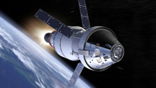 Illustration of the Orion spacecraft hurtling through space from Earth on its way to the Moon.