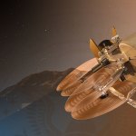 Illustration of the Dragonfly rotorcraft soaring above Titan's surface with the NASA OIG logo in the background