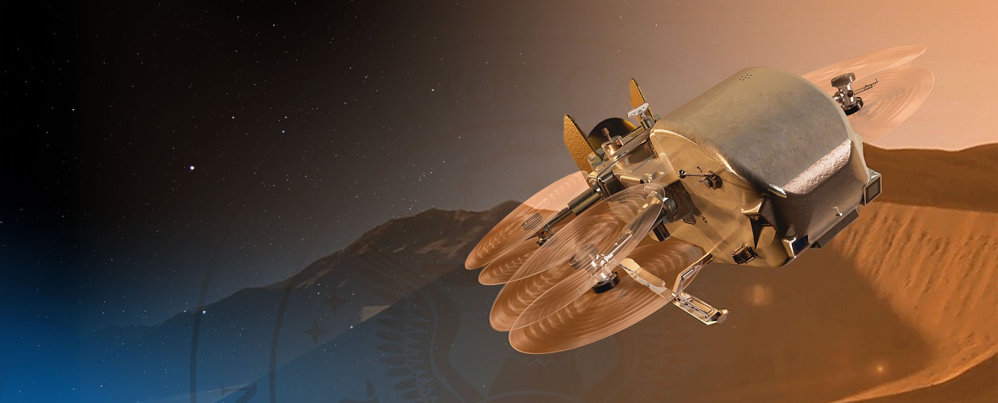 Illustration of the Dragonfly rotorcraft soaring above Titan's surface with the NASA OIG logo in the background
