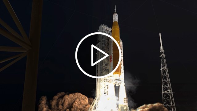 An icon of a play button over an illustration of the Artemis II Space Launch System at takeoff