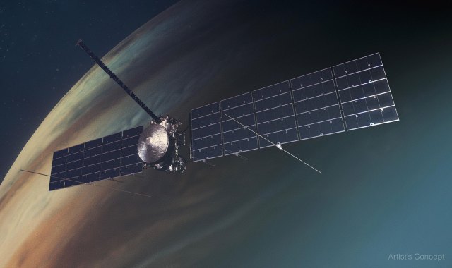 Illustration of Europa Clipper above the surface of Jupiter
