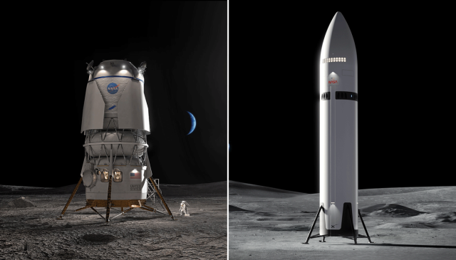 Composite image of Blue Origin's Blue Moon lander (left) and SpaceX's Starship lander (right).