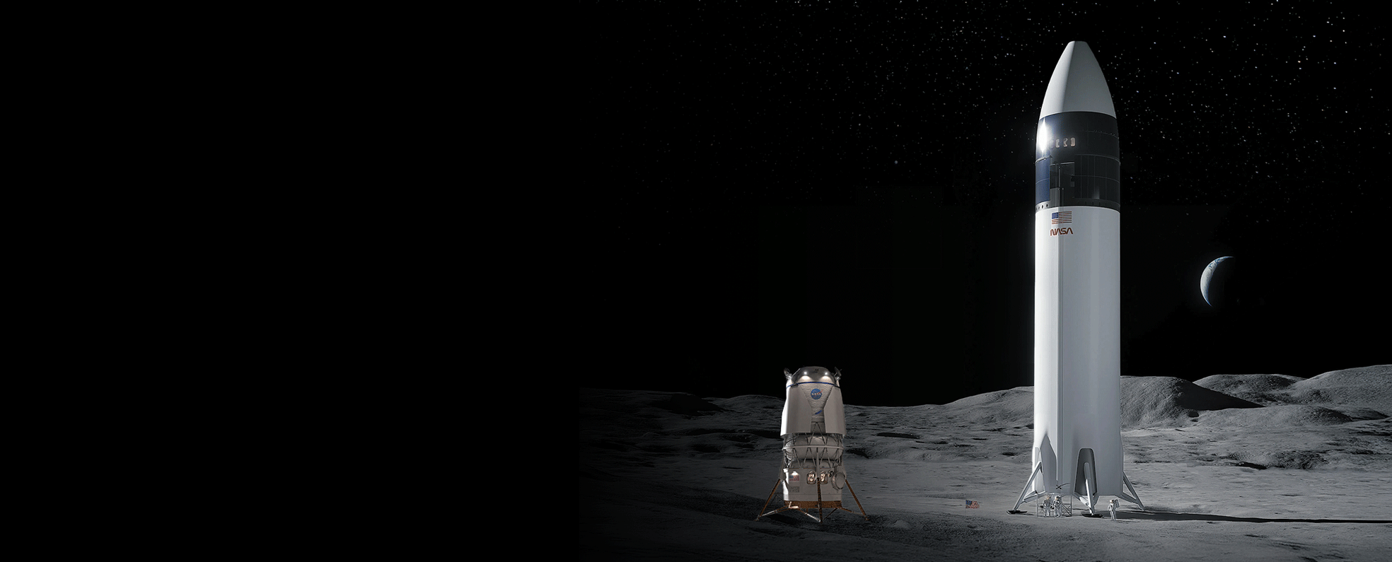 Blue Origin's Blue Moon lander on the lunar surface next to SpaceX's Starship lander.