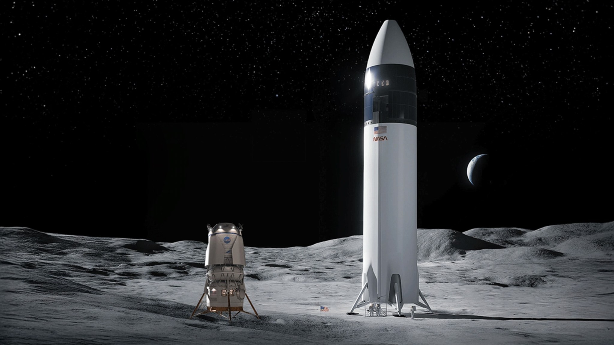 Blue Origin's Blue Moon lander on the lunar surface next to SpaceX's Starship lander.
