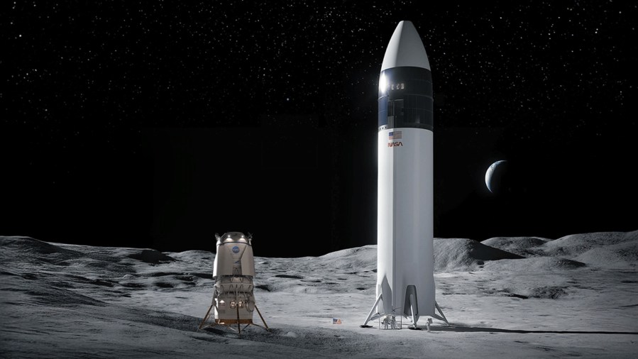 Blue Origin's Blue Moon lander on the lunar surface next to SpaceX's Starship lander.