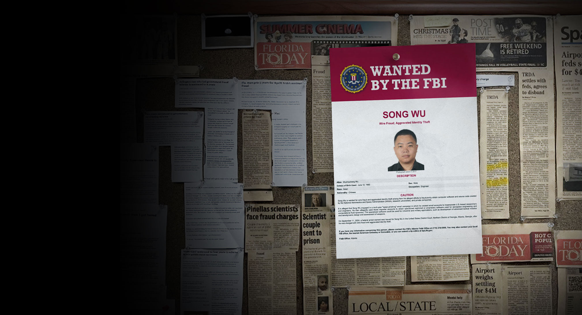 An "FBI Wanted" poster with Song Wu's image tacked to a cork board with newspaper clippings about other investigations by NASA OIG