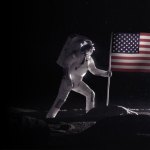 Two astronauts planting an American flag on the surface of the Moon.