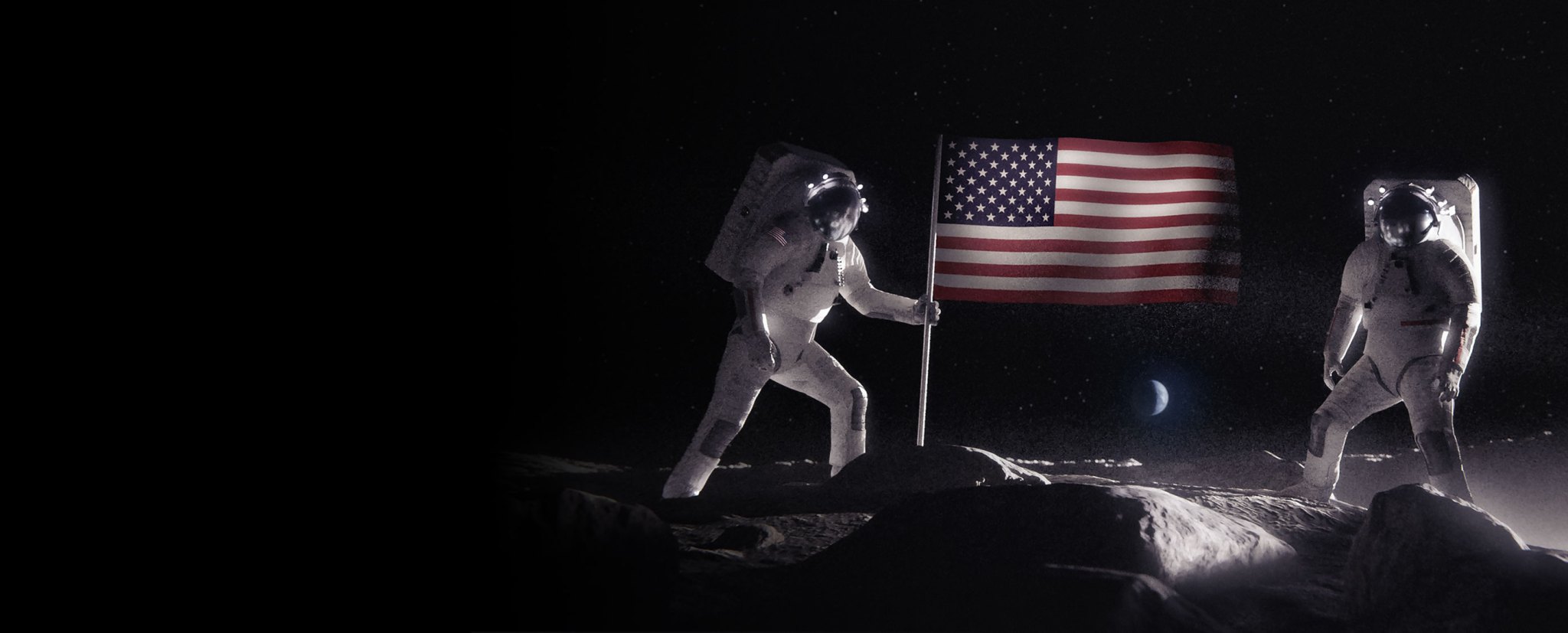 Two astronauts planting an American flag on the surface of the Moon.