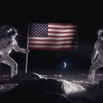 Two astronauts planting an American flag on the surface of the Moon.