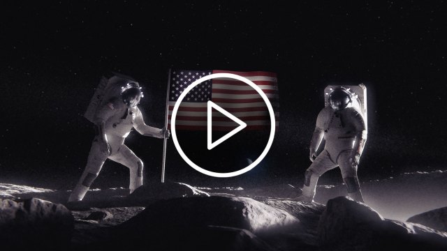 Illustration of two astronauts placing an American flag on the Moon