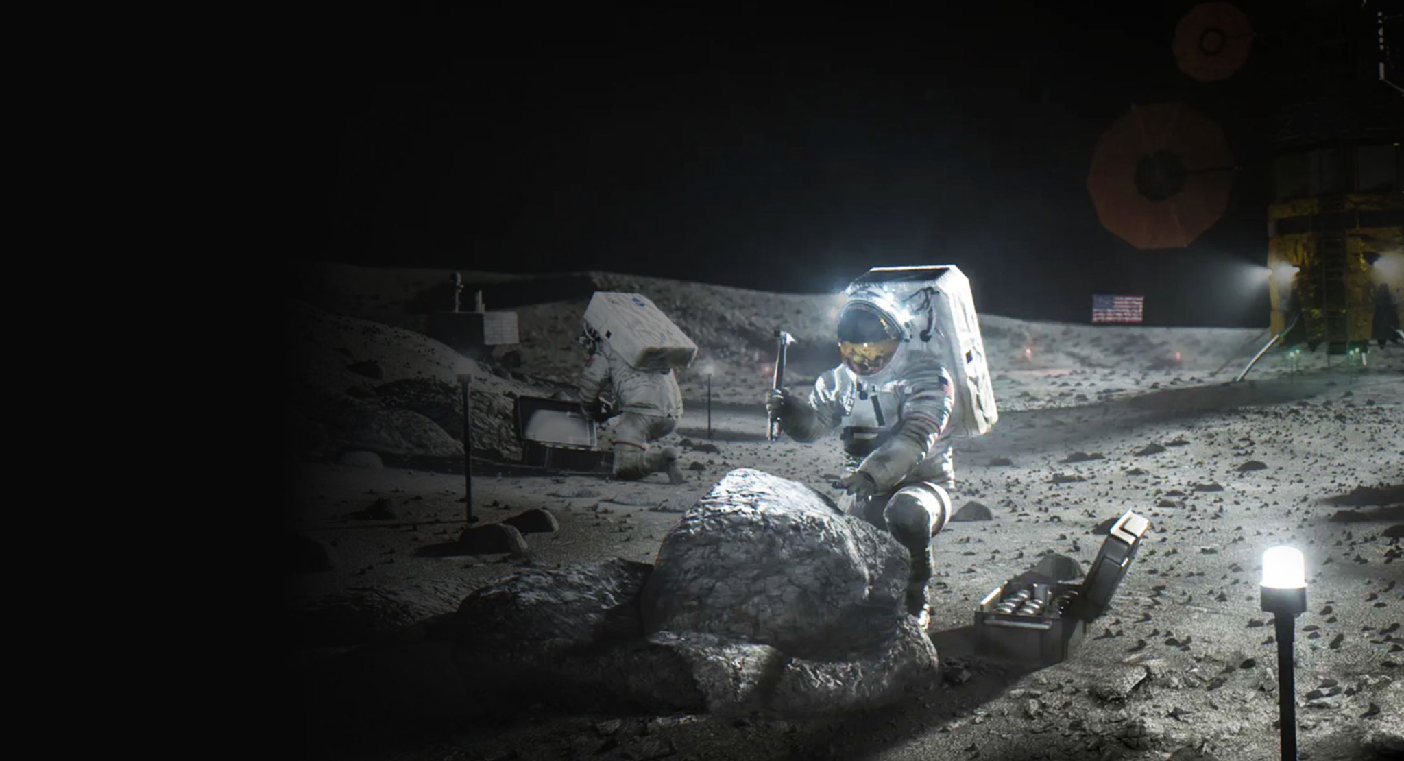 Illustration of two astronauts working on the lunar surface with a human landing system in the background