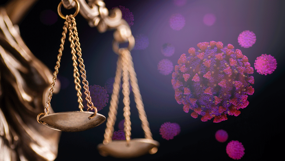 Close of up a scales of justice statue with illustrations of pink COVID particles in the background