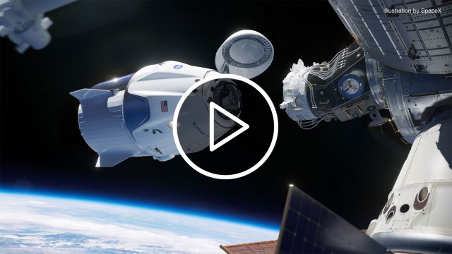 An icon of a play button over an illustration showing the SpaceX Crew Dragon spacecraft docking to the International Space Station with the Earth in the background