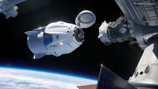 Illustration showing the SpaceX Crew Dragon spacecraft docking to the International Space Station with the Earth in the background
