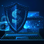 Illustration of a shield symbolizing security, next to a laptop, credit card, and padlock