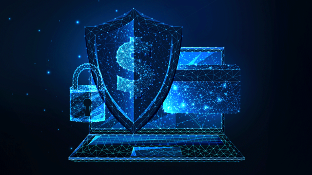 Illustration of a shield symbolizing security, next to a laptop, credit card, and padlock