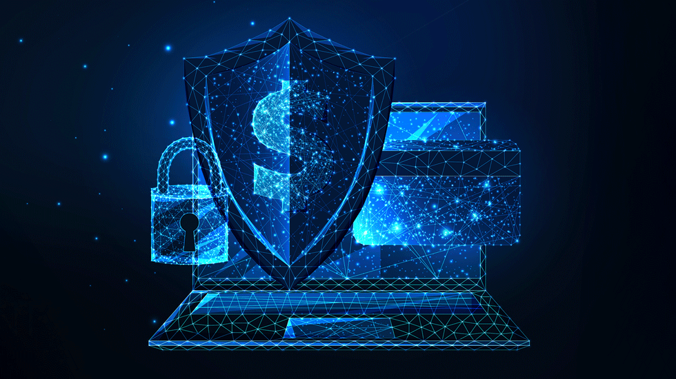 Illustration of a shield symbolizing security, next to a laptop, credit card, and padlock