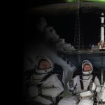 Photo collage of astronauts inside a SpaceX Crew Dragon capsule, a Falcon 9 rocket with Dragon onboard, and a view of Earth from the International Space Station.