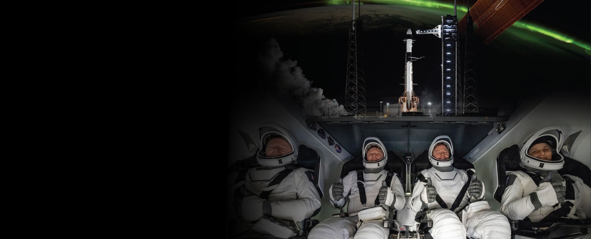 Photo collage of astronauts inside a SpaceX Crew Dragon capsule, a Falcon 9 rocket with Dragon onboard, and a view of Earth from the International Space Station.