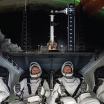 Photo collage of SpaceX astronauts inside Crew Dragon with Falcon 9 in the background and a view of Earth from the International Space Station.