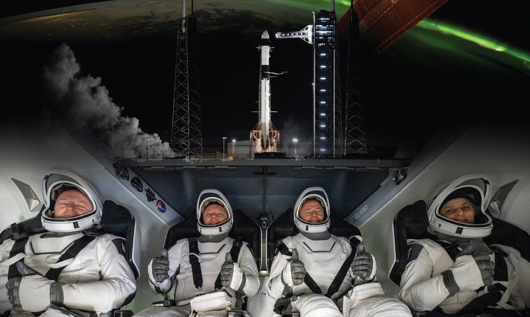 Photo collage of SpaceX astronauts inside Crew Dragon with Falcon 9 in the background and a view of Earth from the International Space Station.