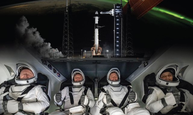 Photo collage of astronauts inside a SpaceX Crew Dragon capsule, a Falcon 9 rocket with Dragon onboard, and a view of Earth from the International Space Station.