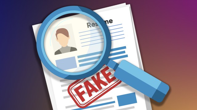 Illustration of a resume with the word "fake" stamped on it in red with a magnifying glass.