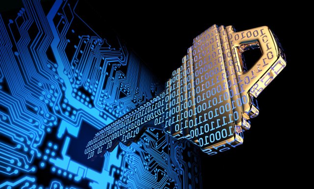 Illustration of a key formed by binary code going into a computer circuit board.