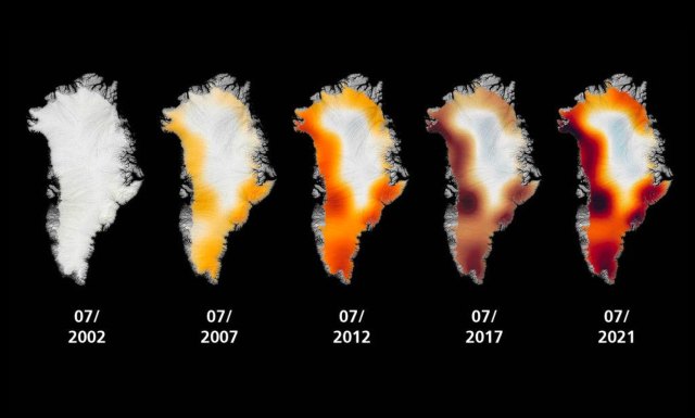 Figure showing birds-eye view images of Greenland's ice loss from 2002, 2007, 2012, 2017, and 2021