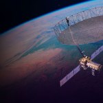Illustration of the NISAR satellite in space above Earth