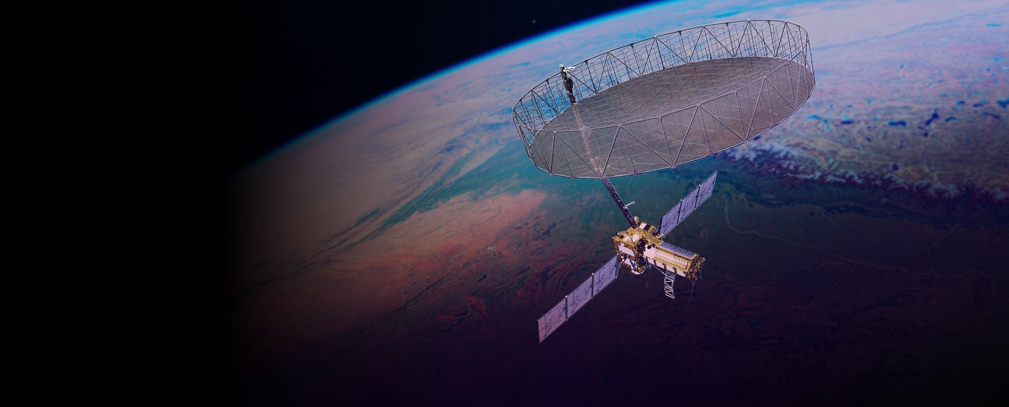 Illustration of the NISAR satellite in space above Earth