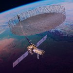 Illustration of the NISAR satellite in space above Earth