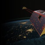 Illustration of the GRACE-C spacecraft above Earth