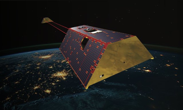 Illustration of the GRACE-C twin satellites above Earth
