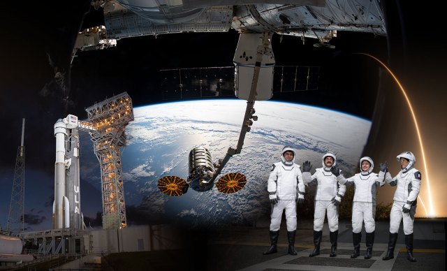 A collage showing: an image of Boeing’s Starliner capsule atop the Atlas V rocket at a launch pad; an image taken from the window of the ISS of Northrop Grumman’s Cygnus resupply spacecraft grappled by the Canadarm2 robotic arm with SpaceX’s Dragon capsule attached to the Unity module; an image of the four Crew-12 astronauts waving outside; and a long exposure photo of the Crew-12 launch from far away.