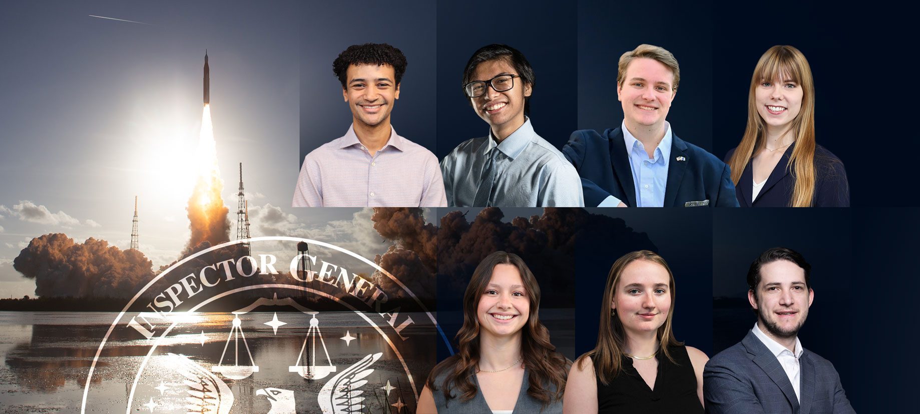 An image collage showing the Artemis II launch, the NASA OIG logo, and the headshots of 7 interns: Marcell Ambush, Christian Culanag, Noah Dillon, Amelia McMahan, Jacquelyn Sansone, Meagan Wentworth, and Matthew Winter.