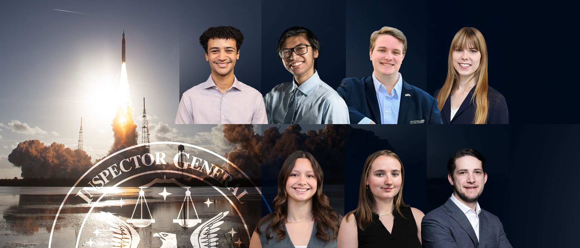 An image collage showing the Artemis II launch, the NASA OIG logo, and the headshots of 7 interns: Marcell Ambush, Christian Culanag, Noah Dillon, Amelia McMahan, Jacquelyn Sansone, Meagan Wentworth, and Matthew Winter.