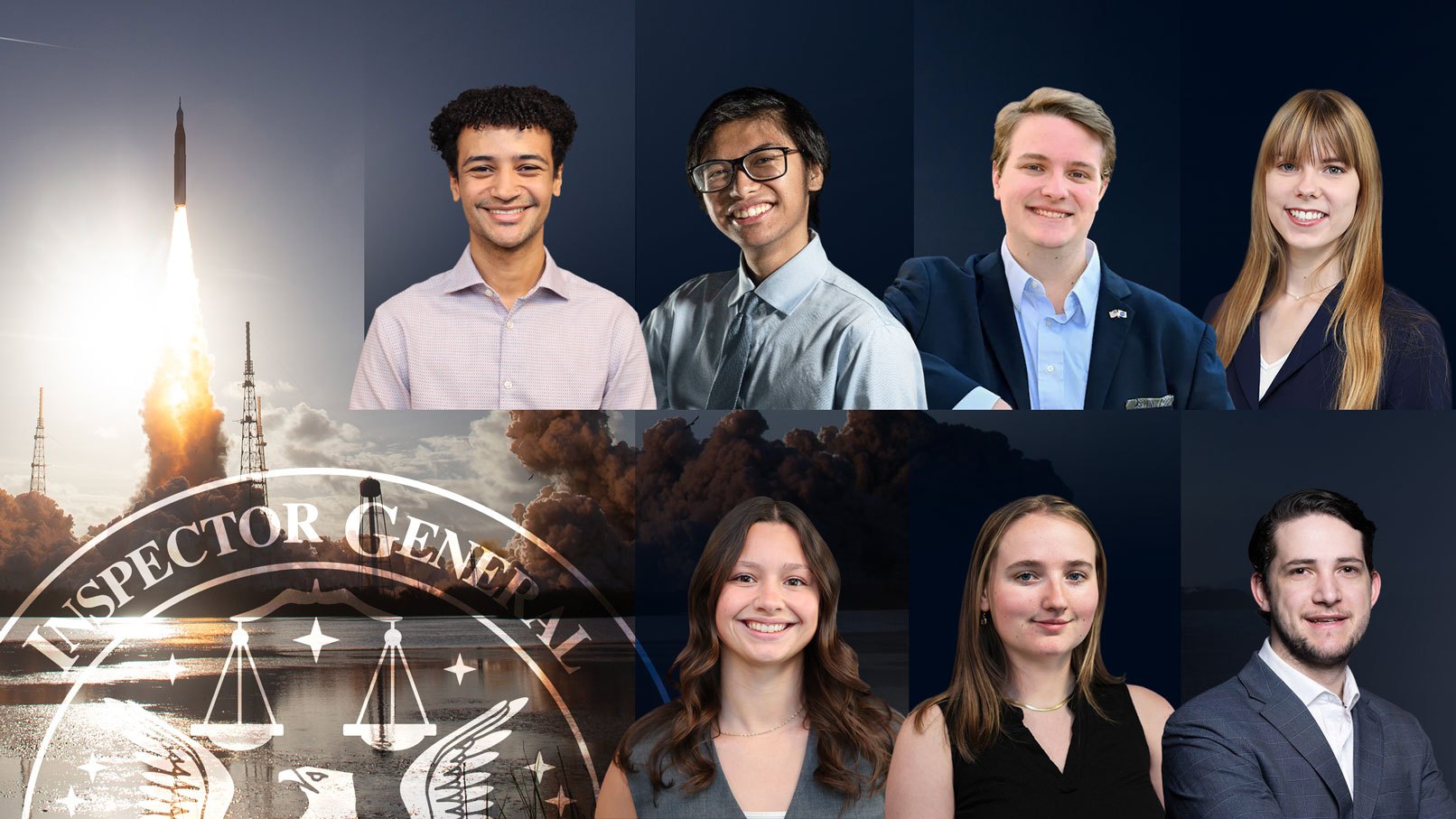 An image collage showing the Artemis II launch, the NASA OIG logo, and the headshots of 7 interns: Marcell Ambush, Christian Culanag, Noah Dillon, Amelia McMahan, Jacquelyn Sansone, Meagan Wentworth, and Matthew Winter.