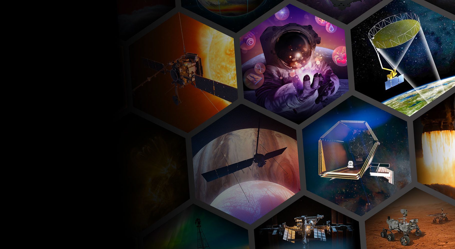 A collage of hexagonal panels showing images related to the five NASA Science Mission Directorate divisions, including: the Geospace Dynamics Constellation, the Nancy Grace Roman Space Telescope, the Solar Orbiter, an astronaut encircled by icons representing NASA’s Biological and Physical Sciences goals, the Soil Moisture Active Passive mission, a close-up of the Sun, the Europa Clipper mission, the Habitable Worlds Observatory, the International Space Station, and the Perseverance rover.